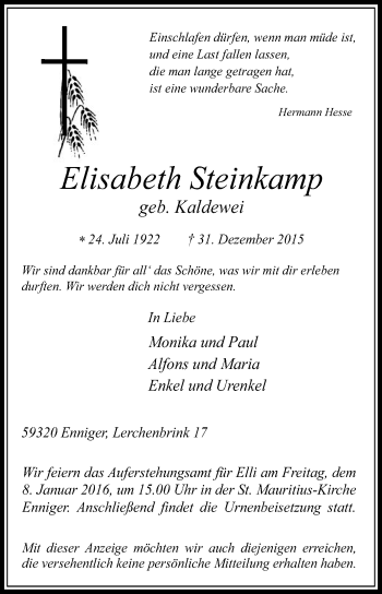 Traueranzeige von Elisabeth Steinkamp von Die Glocke
