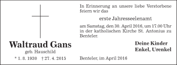 Traueranzeige von Waltraud Gans von Die Glocke