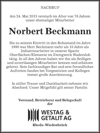 Traueranzeige von Norbert Beckmann von Die Glocke