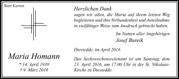 Traueranzeige von Maria Homann von Die Glocke