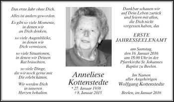 Traueranzeige von Anneliese Kottenstedte von Die Glocke