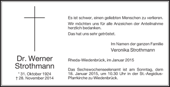 Traueranzeige von Werner Strothmann von Die Glocke