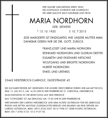 Traueranzeige von Maria Nordhorn von Die Glocke