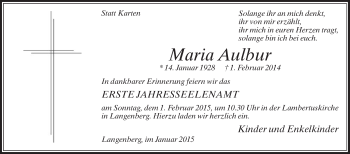 Traueranzeige von Maria Aulbur von Die Glocke