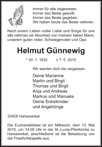 Traueranzeige von Helmut Günnewig von Die Glocke