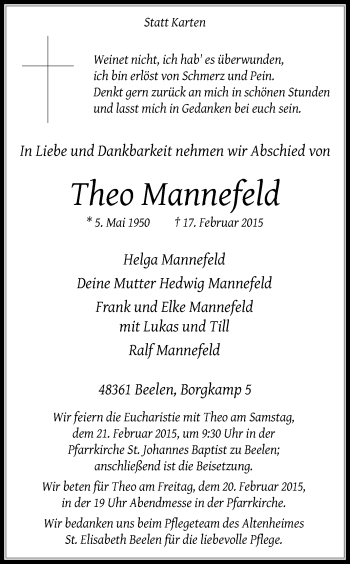 Traueranzeige von Theo Mannefeld von Die Glocke