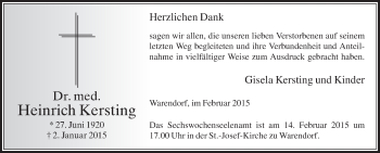 Traueranzeige von Heinrich Kersting von Die Glocke