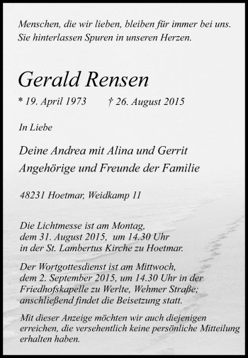 Traueranzeige von Gerald Rensen von Die Glocke
