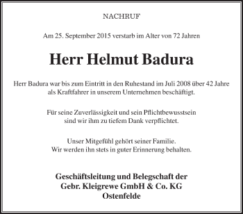 Traueranzeige von Helmut Badura von Die Glocke