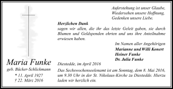 Traueranzeige von Maria Funke von Die Glocke