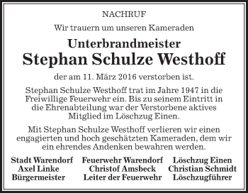 Traueranzeige von Stephan Schulze Westhoff von Die Glocke