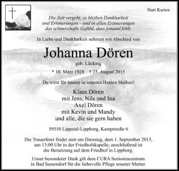 Traueranzeige von Johanna Dören von Die Glocke