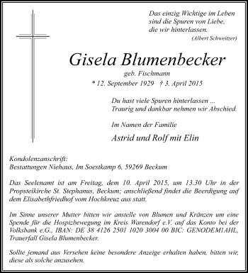 Traueranzeige von Gisela Blumenbecken von Die Glocke