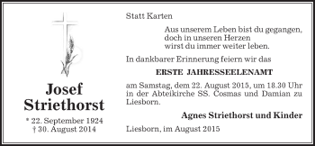 Traueranzeige von Josef Striethorst von Die Glocke