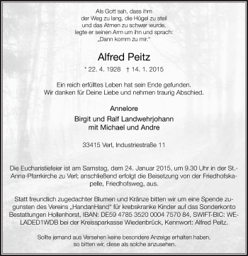 Traueranzeige von Alfred Peitz von Die Glocke
