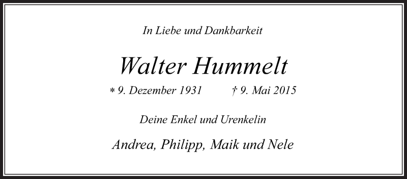  Traueranzeige für Walter Hummelt vom 12.05.2015 aus Die Glocke