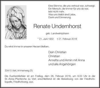 Traueranzeige von Renate Undernhorst von Die Glocke