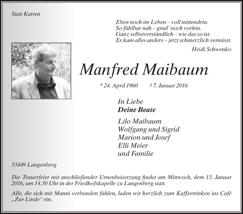  Traueranzeige für Manfred Maibaum vom 11.01.2016 aus Die Glocke