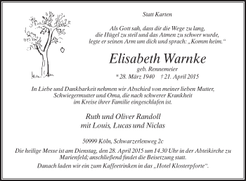 Traueranzeige von Elisabeth Warnke von Die Glocke