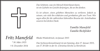 Traueranzeige von Fritz Manefeld von Die Glocke