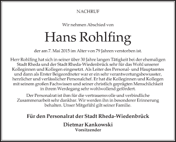 Traueranzeige von Hans Rohlfing von Die Glocke
