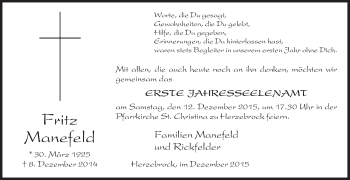 Traueranzeige von Fritz Manefeld von Die Glocke