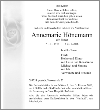 Traueranzeige von Annemarie Hönemann von Die Glocke