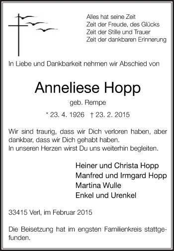 Traueranzeige von Anneliese Hopp von Die Glocke