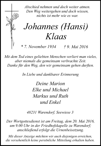 Traueranzeige von Johannes Klaas von Die Glocke