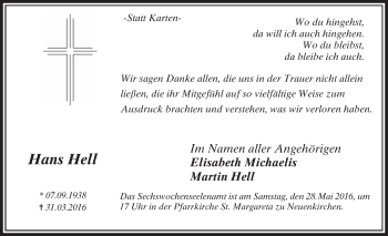 Traueranzeige von Hans Hell von Die Glocke