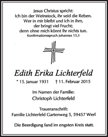 Traueranzeige von Edith Erika Lichterfeld von Die Glocke