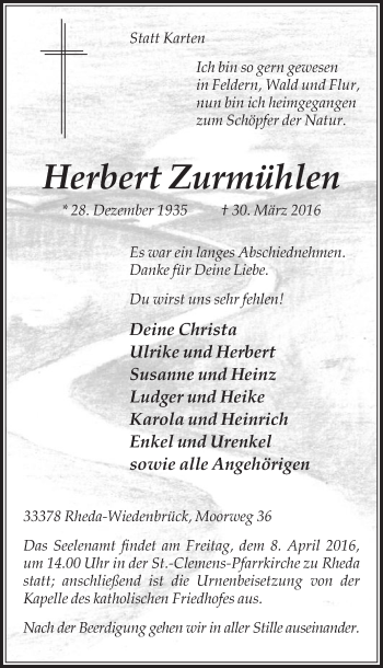 Traueranzeige von Herbert Zurmühlen von Die Glocke