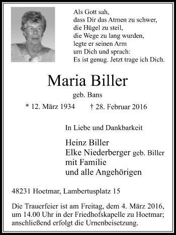 Traueranzeige von Maria Biller von Die Glocke