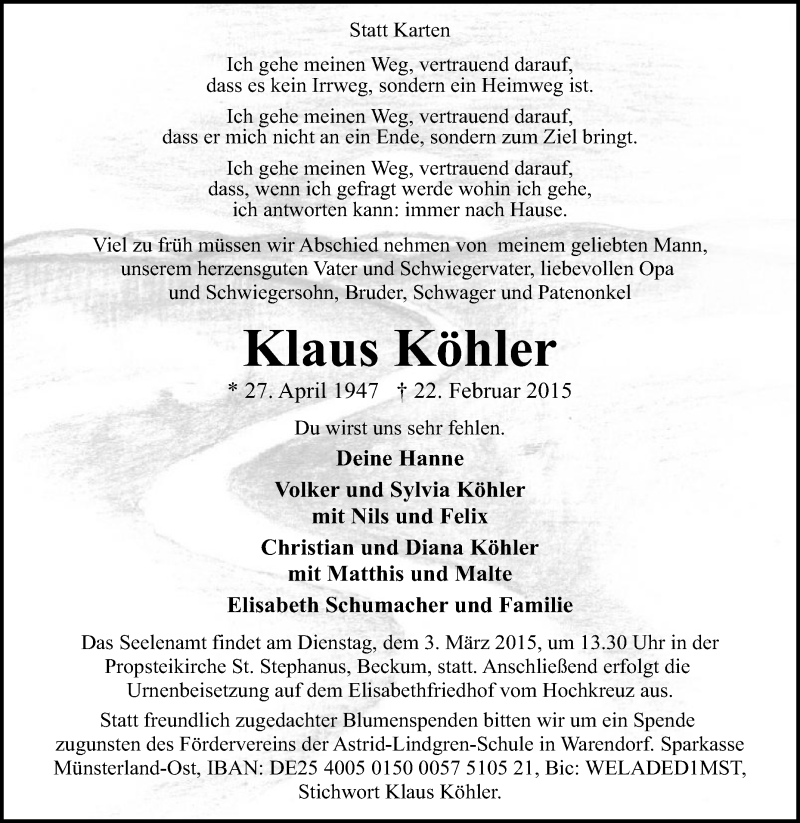  Traueranzeige für Klaus Köhler vom 25.02.2015 aus Die Glocke