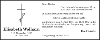 Traueranzeige von Elisabeth Wolharn von Die Glocke