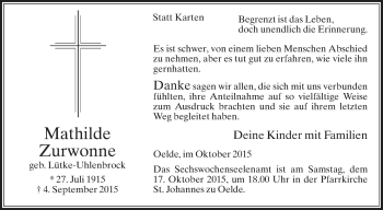 Traueranzeige von Mathilde Zurwonne von Die Glocke