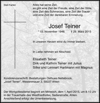 Traueranzeige von Josef Teiner von Die Glocke
