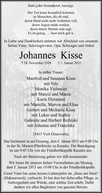 Traueranzeige von Johannes Kisse von Die Glocke