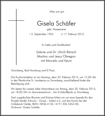 Traueranzeige von Gisela Schäfer von Die Glocke