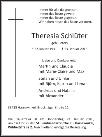 Traueranzeige von Theresia Schlüter von Die Glocke