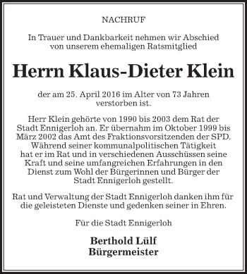 Traueranzeige von Klaus-Dieter Klein von Die Glocke