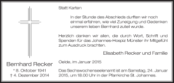 Traueranzeige von Bernhard Recker von Die Glocke