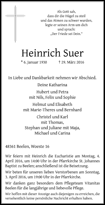 Traueranzeige von Heinrich Suer von Die Glocke