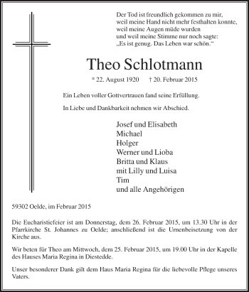 Traueranzeige von Theo Schlotmann von Die Glocke