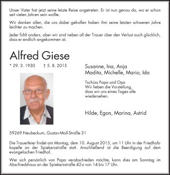 Traueranzeige von Alfred Giese von Die Glocke