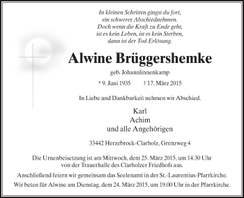 Traueranzeige von Alwine Brüggershemke von Die Glocke