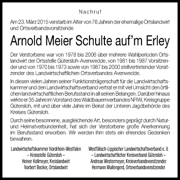 Traueranzeige von Arnold  Meier Schulte auf’m Erley von Die Glocke