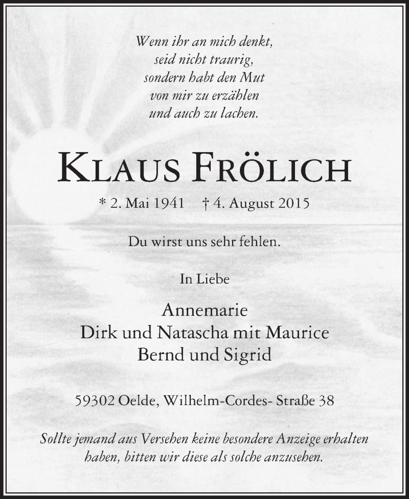  Traueranzeige für Klaus Frölich vom 08.08.2015 aus Die Glocke