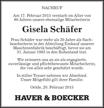 Traueranzeige von Gisela Schäfer von Die Glocke