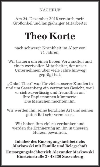 Traueranzeige von Theo Korte von Die Glocke